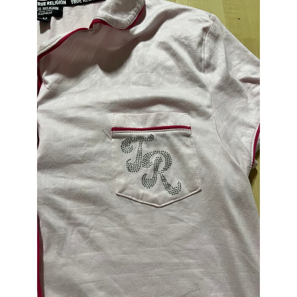 True Religion Women Pajama Top Size L Pink Short Sleeve Button Down Sleepwear - Picture 6 of 8